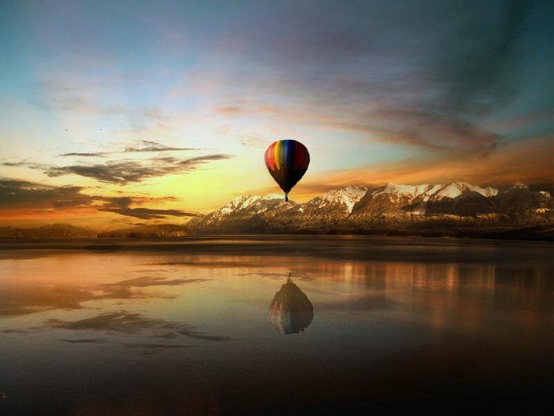 Hot Air Balloon over Lake — Orange