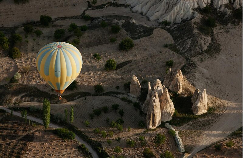 Hot Air Balloon over Landscape — Yellow