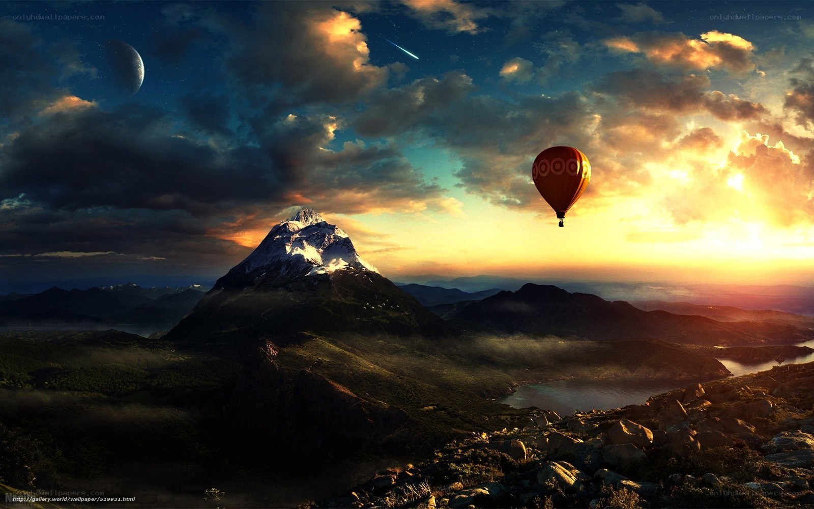 Hot air balloon over mountain