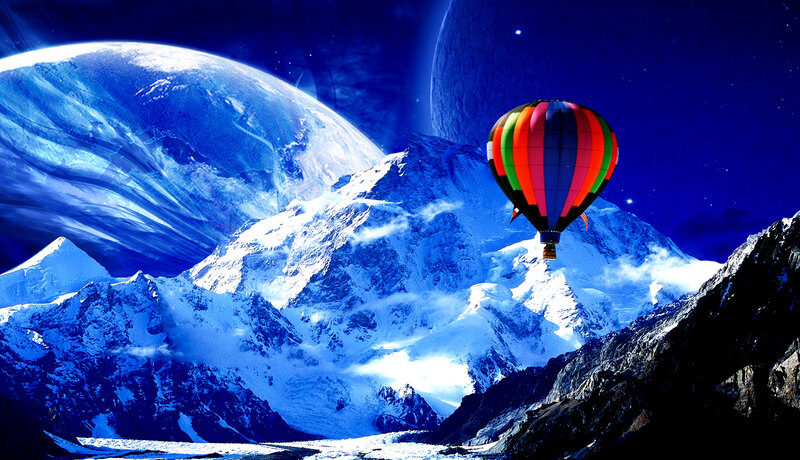 Hot Air Balloon over Mountains — Blue, Dramatic