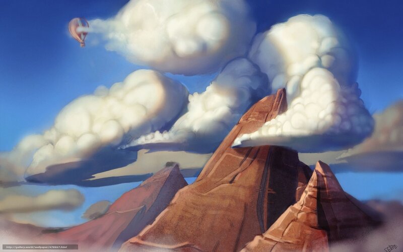 Hot Air Balloon over Mountains — Blue, Serene, Afternoon