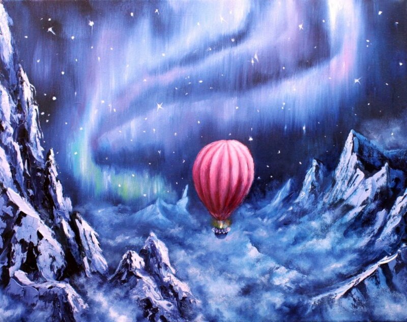 Hot Air Balloon over Mountains — Blue, Serene, Night