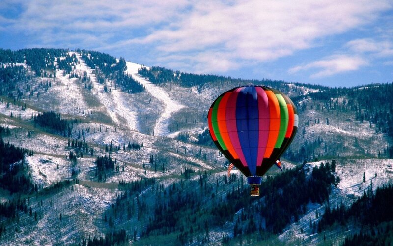 Hot Air Balloon over Mountains — Blue, Serene, Winter, Photograph