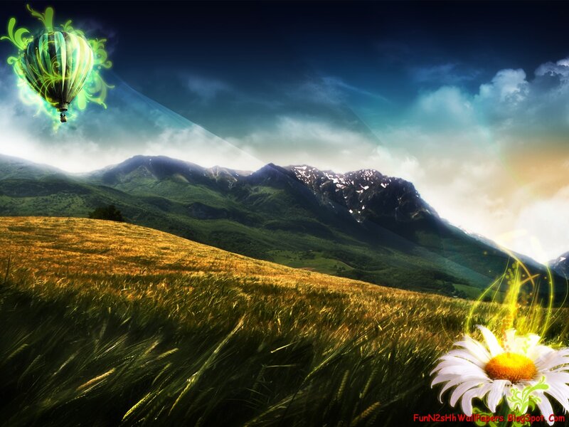 Hot Air Balloon over Mountains — Green, Serene