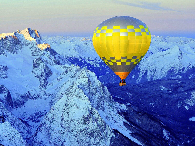 Hot Air Balloon over Mountains — Yellow, Serene