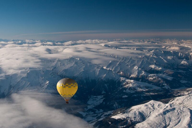 Hot Air Balloon over Mountains — Yellow, Serene, Winter