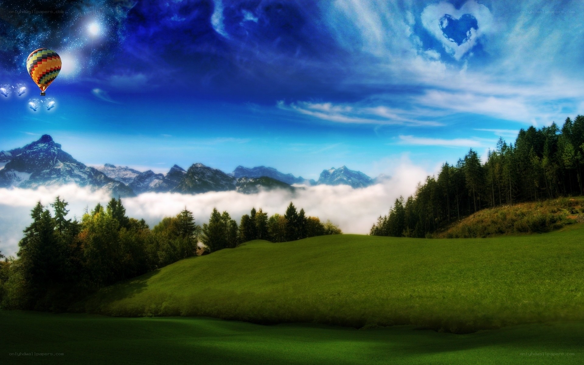 Hot air balloon over mountains