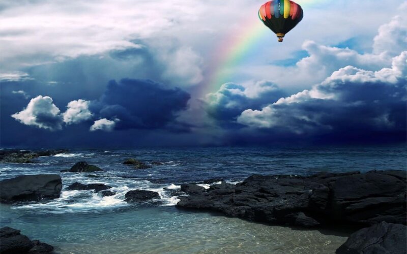 Hot Air Balloon over Ocean — Blue, Dramatic, Digital Art