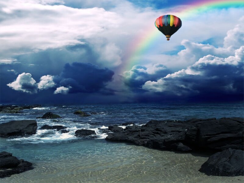Hot Air Balloon over Ocean — Blue, Dramatic