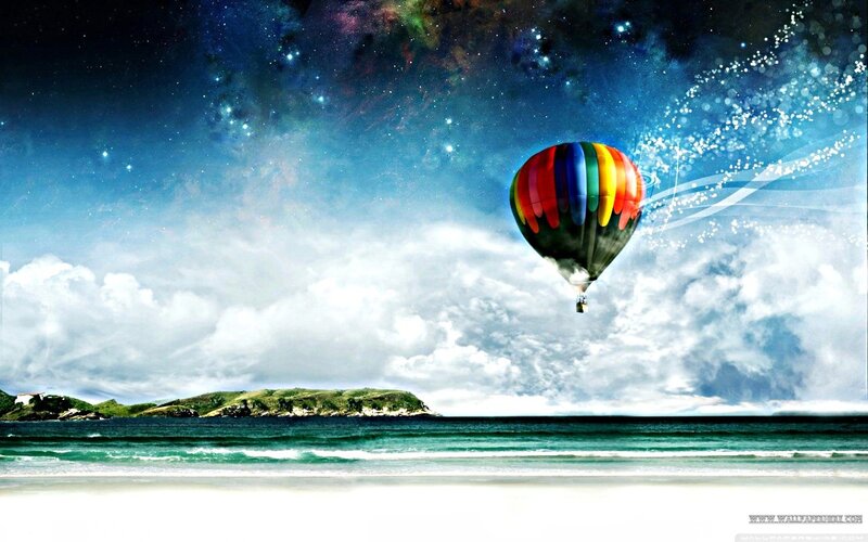 Hot Air Balloon over Ocean — Blue, Dreamy