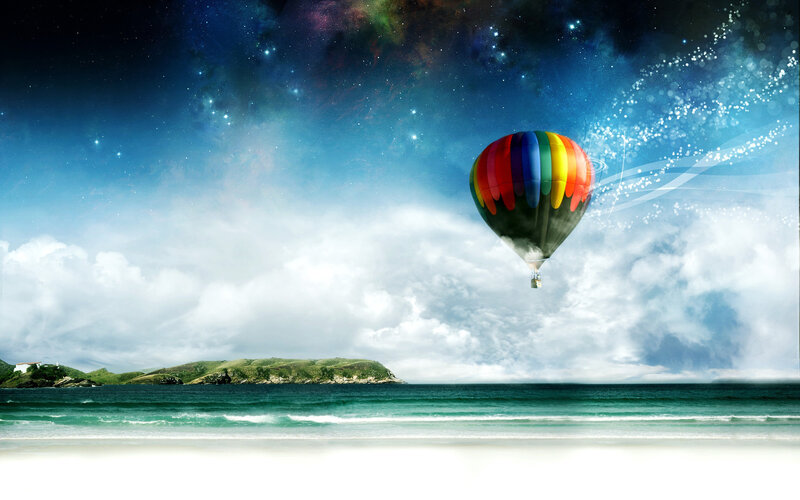 Hot Air Balloon over Ocean — Blue, Serene