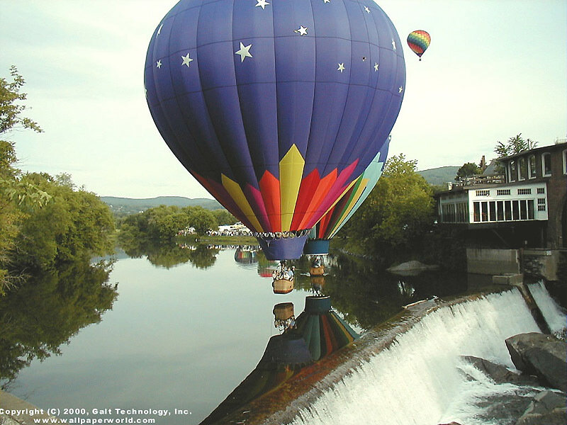 Hot Air Balloon over River — Blue, Serene
