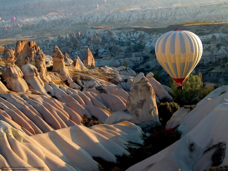 Hot Air Balloon over Rocks — White, Serene