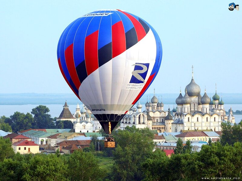 Hot air balloon over Russian city