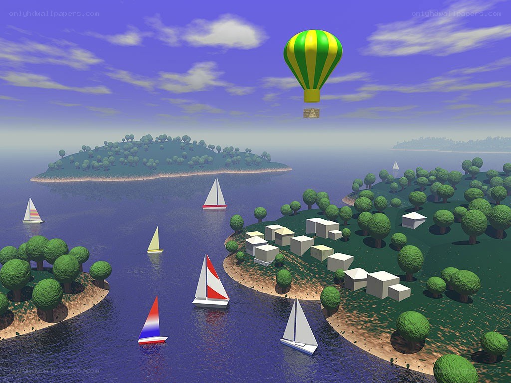 Hot air balloon over sailboats