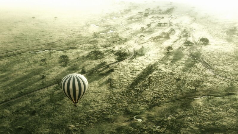 Hot Air Balloon over Savanna — Green, Serene