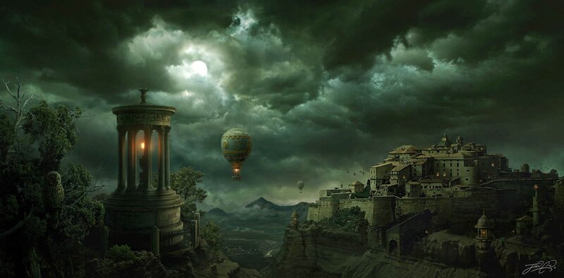 Hot Air Balloon over Town — Green, Dramatic, Night