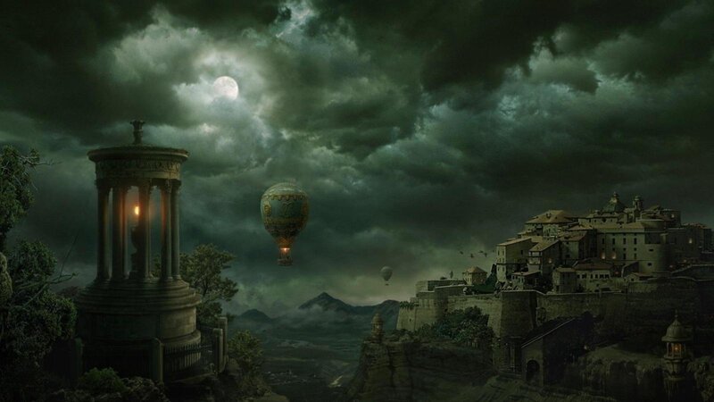 Hot Air Balloon over Town — Green