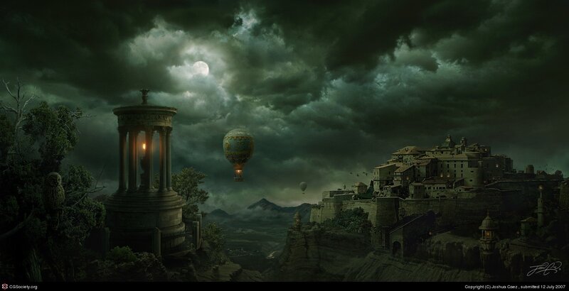 Hot Air Balloon over Town