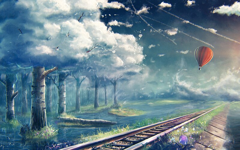 Hot Air Balloon over Tracks — Blue, Dreamy