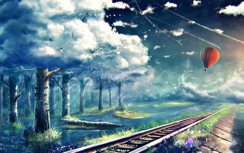 Hot Air Balloon over Tracks — Blue