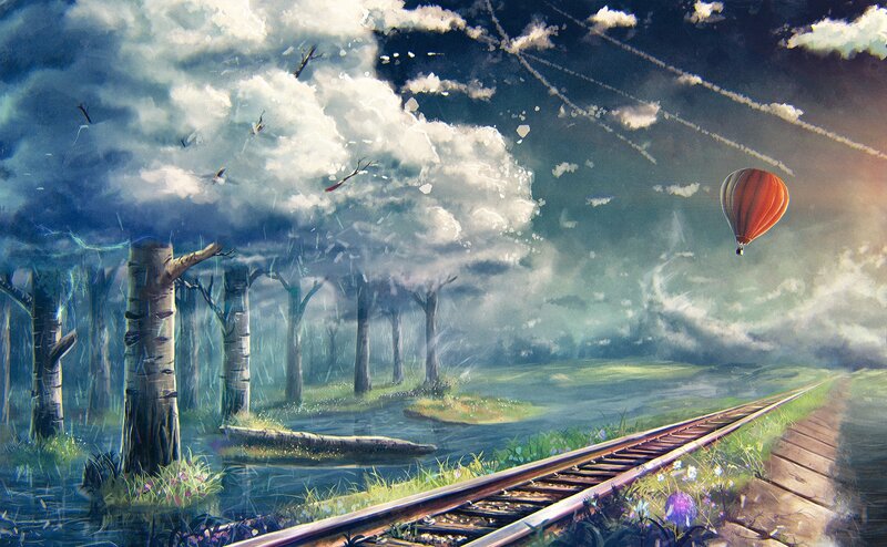 Hot Air Balloon over Train Tracks