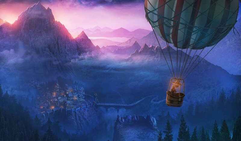 Hot Air Balloon over Village — Purple