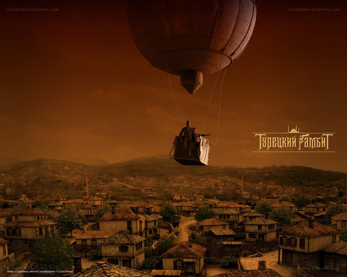 Hot air balloon over village