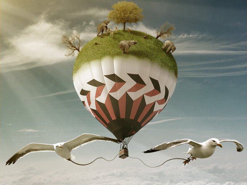 Hot air balloon with miniature world