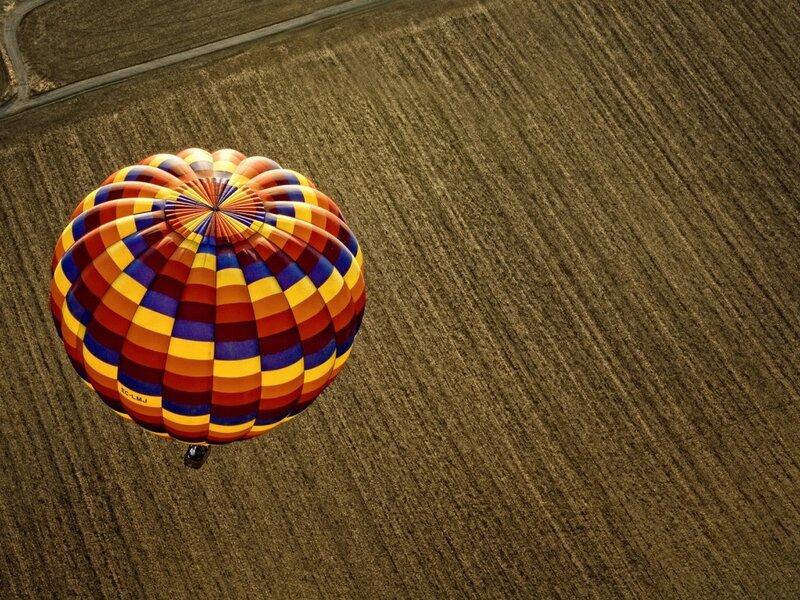 Hot Air Balloon — Yellow, Serene, Morning, Photograph, Field