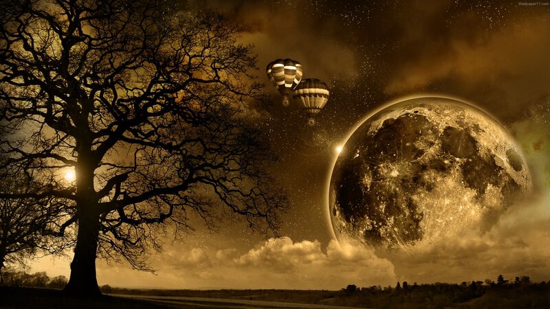 Hot Air Balloons and Moon — Brown, Dramatic, Night, Digital Art, Tree, Clouds, Gold, Black