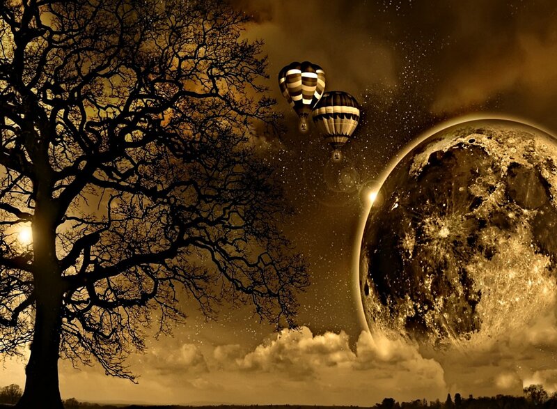 Hot Air Balloons and Moon — Brown, Dramatic