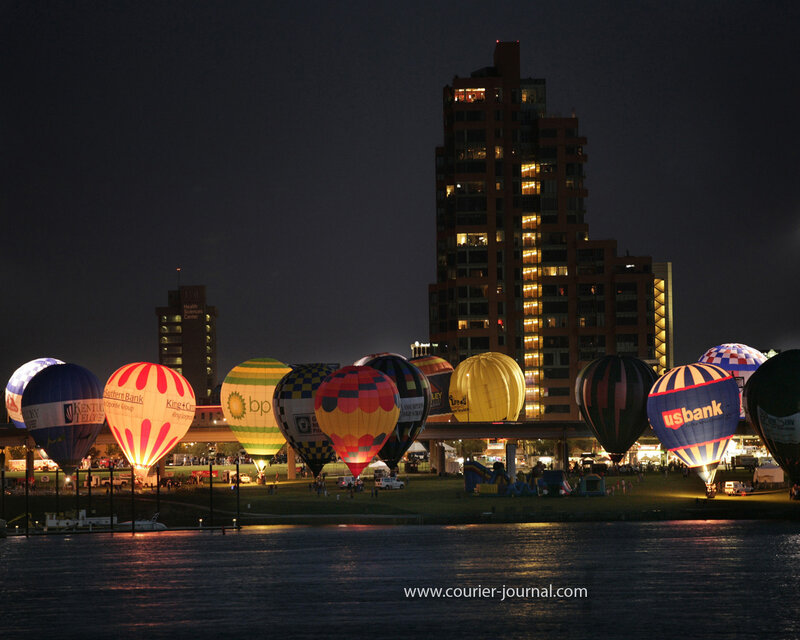 Hot Air Balloons at Night — Black, Dramatic, Photograph, Buildings