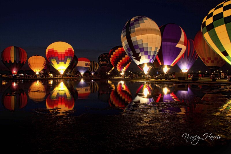 Hot Air Balloons at Night — Black, Dramatic, Photograph