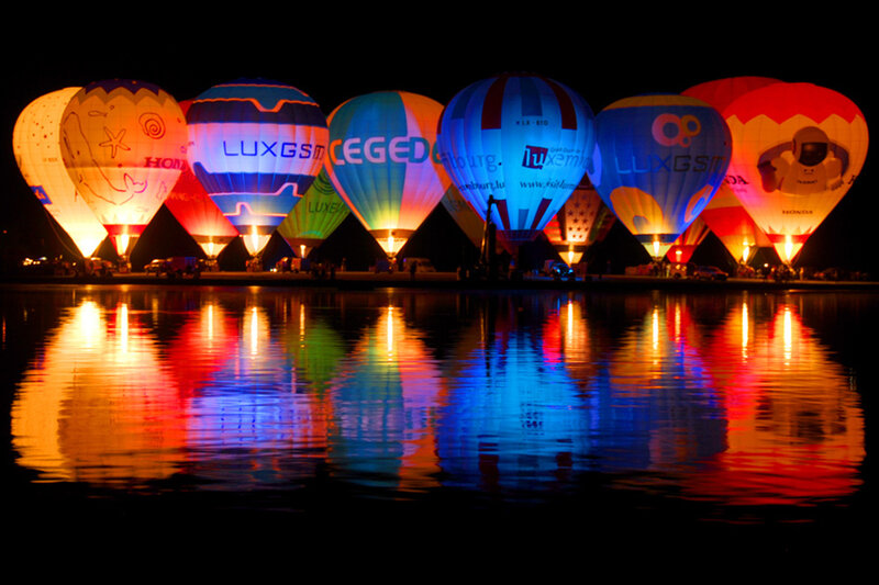 Hot Air Balloons at Night — Blue, Dramatic, Photograph, Water