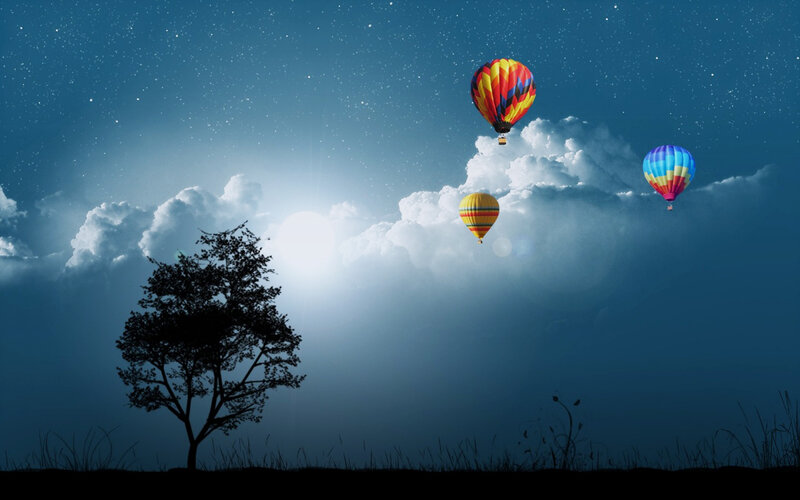 Hot Air Balloons at Night — Blue, Serene, Digital Art, Clouds