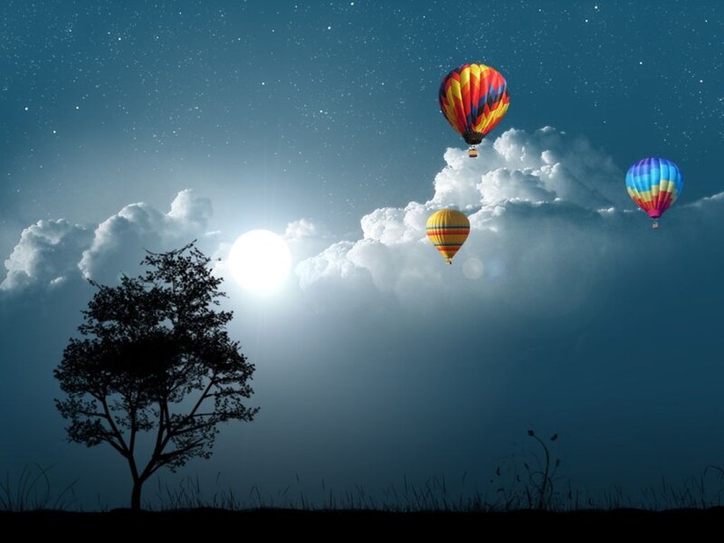 Hot Air Balloons at Night — Blue, Serene, Digital Art, Moon, Clouds, Tree