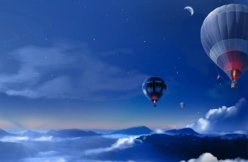 Hot Air Balloons at Night — Blue, Serene, Digital Art, Moon, Stars