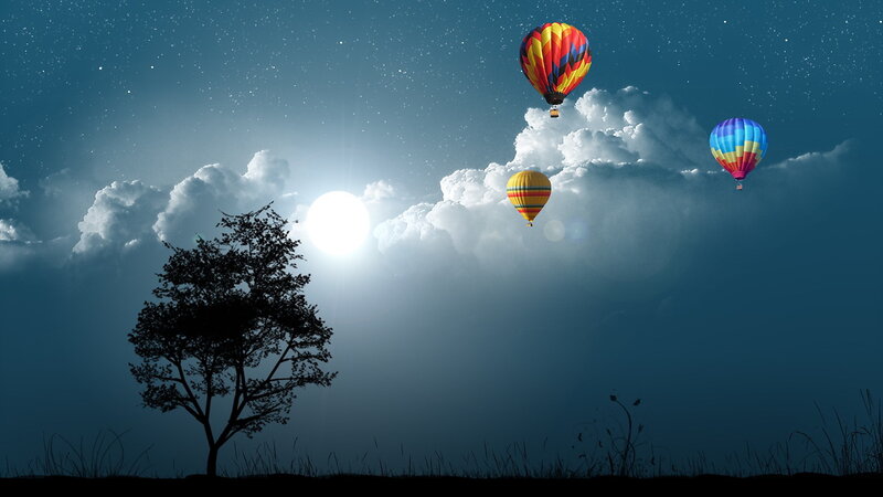 Hot Air Balloons at Night — Blue, Serene, Digital Art, Tree, Moon, Clouds, White