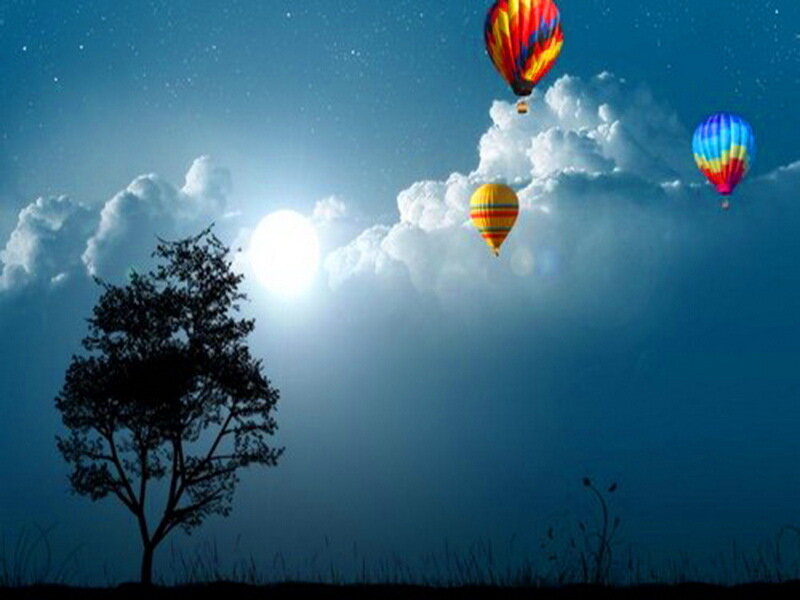 Hot Air Balloons at Night — Blue, Serene