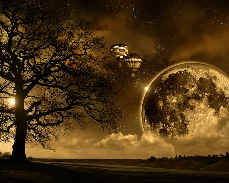 Hot Air Balloons at Night — Brown, Dramatic, Digital Art