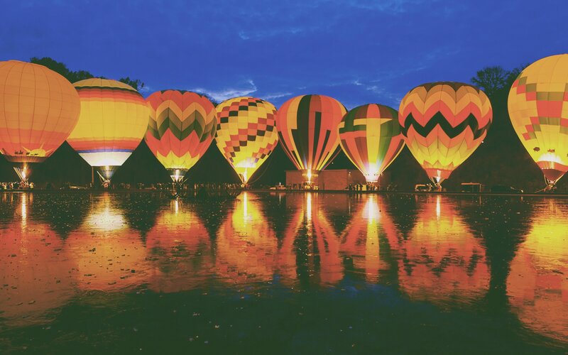 Hot Air Balloons at Night — Yellow, Serene, Photograph