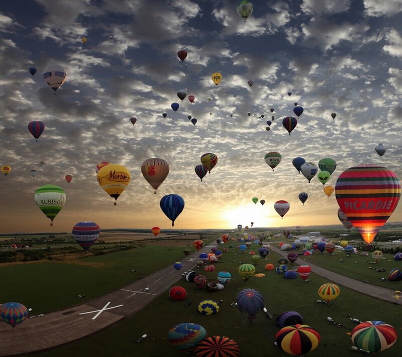 Hot Air Balloons at Sunrise — Blue, Dramatic, Photograph, Sky, Field