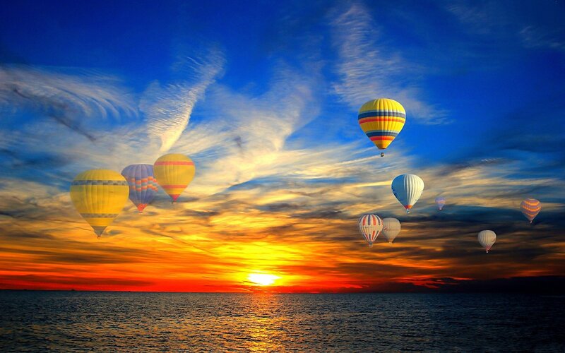 Hot Air Balloons at Sunset — Blue