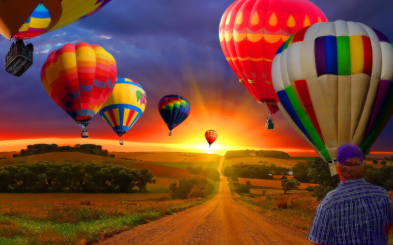 Hot Air Balloons at Sunset — Orange, Dramatic