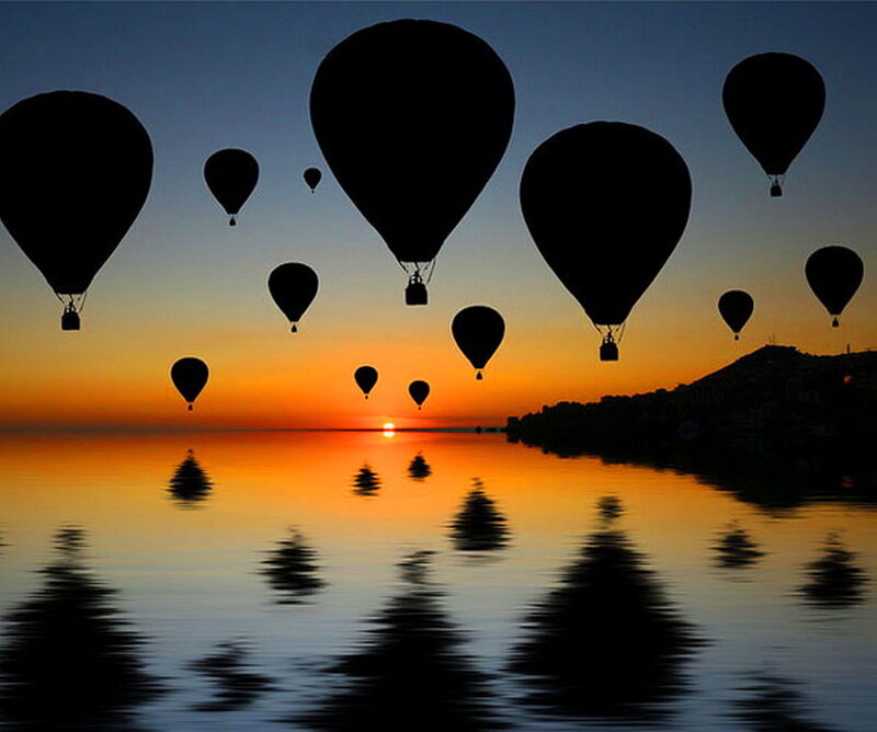 Hot Air Balloons at Sunset — Orange, Serene