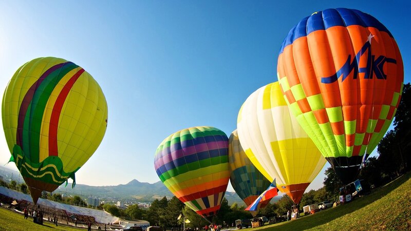 Hot Air Balloons — Blue, Serene, Morning, Photograph, Grass