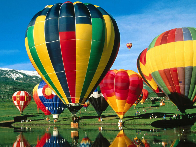 Hot Air Balloons — Blue, Serene, Morning, Photograph, Mountains, Lake