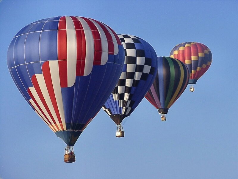 Hot Air Balloons — Blue, Serene, Morning, Photograph, Sky, Baskets, Red
