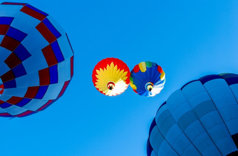 Hot Air Balloons — Blue, Serene, Morning, Photograph, Sky